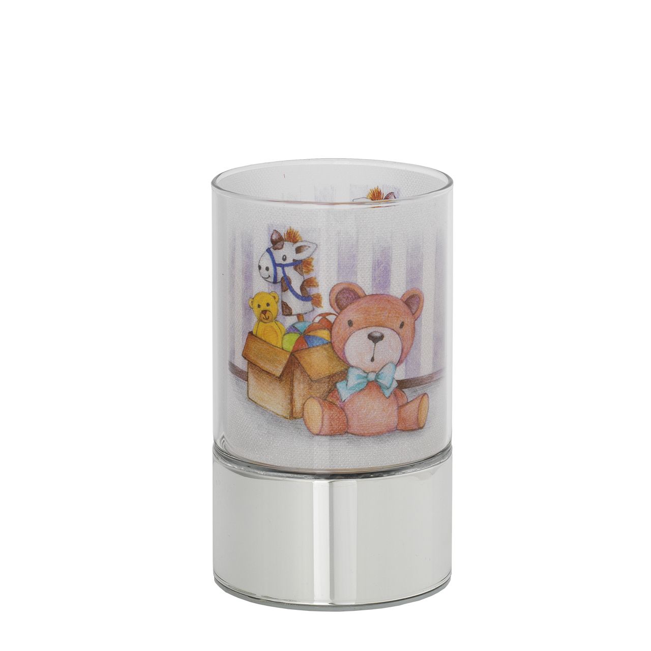 LAMPADA IN VETRO H. 15 CON DECORO SCATOLA GIOCHI